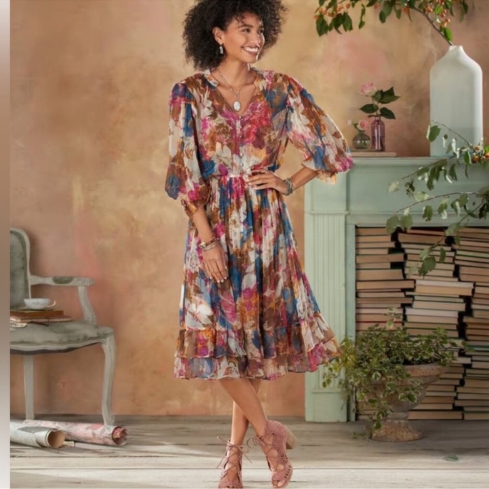 Sundance Trieste Romance Dress Large Petite Long Sleeve Fairy Ethereal Floral
